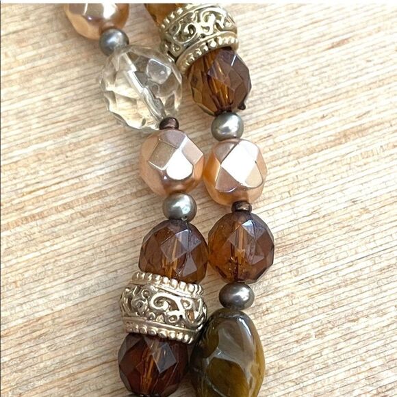 Brown beaded gold tone double strand statement necklace - Picture 5 of 11